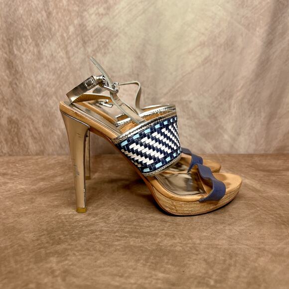 Coach Steffi Heels Pumps Slingback Woven Open Toe Sandals Silver Metallic Blue - Picture 14 of 14